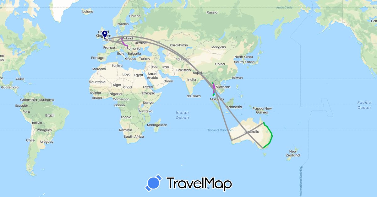 TravelMap itinerary: driving, bus, plane, train, boat in Austria, Australia, Czech Republic, Germany, United Kingdom, Hungary, Singapore, Thailand (Asia, Europe, Oceania)